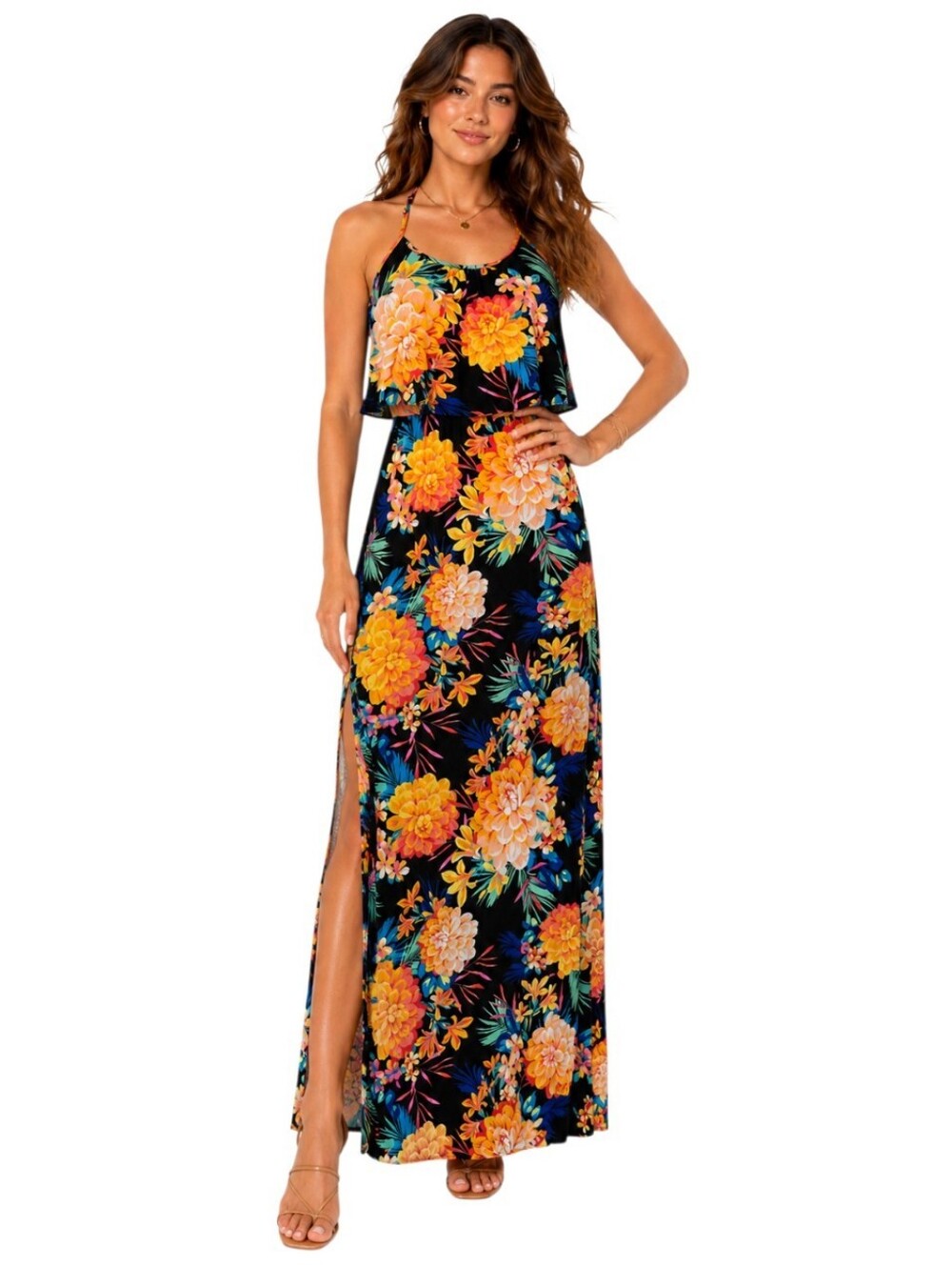 Candie’s Maxi Dress S Black Multicolor Tropical Floral Halter Slit